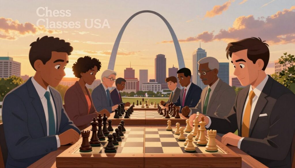 A vibrant chess scene set against a backdrop representing Missouri, highlighting St. Louis and Kansas City. In the foreground, a classic wooden chessboard with finely crafted pieces, reflecting an ongoing game. Surrounding the chessboard are players of diverse backgrounds in professional business attire, deeply focused on their match, embodying a sense of competition and camaraderie. The middle ground features iconic landmarks like the Gateway Arch and a Kansas City skyline, subtly hinting at the rich chess culture of these cities. The background captures a sunset sky, casting warm, golden hues that imbue the scene with an inspiring and historical atmosphere. The image is created with soft lighting, using a wide-angle lens to capture the essence of chess in Missouri, evoking passion and dedication. Include the brand name "Chess Classes USA" elegantly integrated into the design.