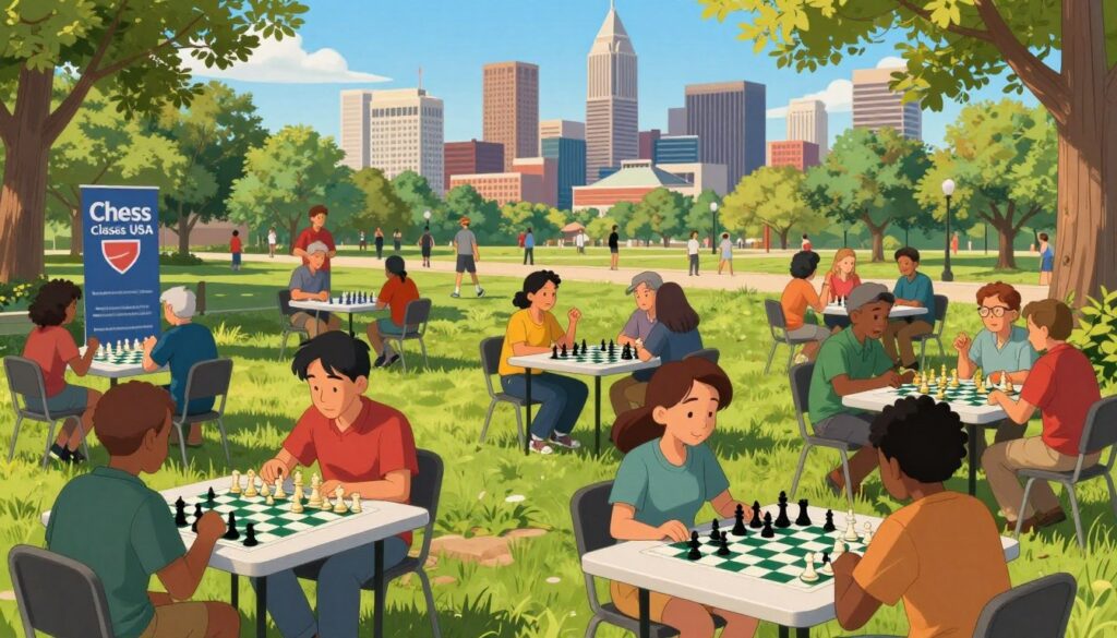 A vibrant chess scene set in Indiana, showcasing an outdoor park filled with people engaged in a spirited chess tournament. In the foreground, diverse players of various ages and backgrounds concentrate intensely on their chessboards, with Chess Classes USA banners subtly positioned nearby. The middle ground features several outdoor tables adorned with chess pieces, while onlookers cheer and discuss strategies, creating an atmosphere of camaraderie. The background depicts lush Indiana greenery and iconic landmarks, like the Indianapolis skyline, under a bright blue sky with soft, warm sunlight casting inviting shadows. The composition is lively and engaging, reflecting the growth and community spirit of chess in Indiana, creating an inviting and inspiring mood for chess enthusiasts.