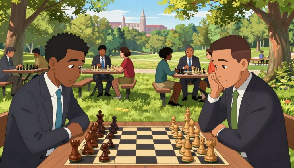 A vibrant chess scene set in Maryland, focusing on a diverse group of players gathered around a large chessboard in a park. The foreground features two engaged players in professional business attire, deep in concentration over a game, with pieces beautifully carved from walnut and maple. In the middle ground, other players sit at picnic tables with chess sets, discussing strategies and enjoying the sunny atmosphere. The background showcases the lush greenery of Maryland's landscape, with iconic landmarks subtly visible. Warm sunlight filters through the trees, casting gentle shadows and enhancing the friendly competition. The mood conveys a mix of concentration and camaraderie among the players, representing the thriving chess community associated with Chess Classes USA. The image captures both the challenges and opportunities for Maryland players in a dynamic tournament environment.