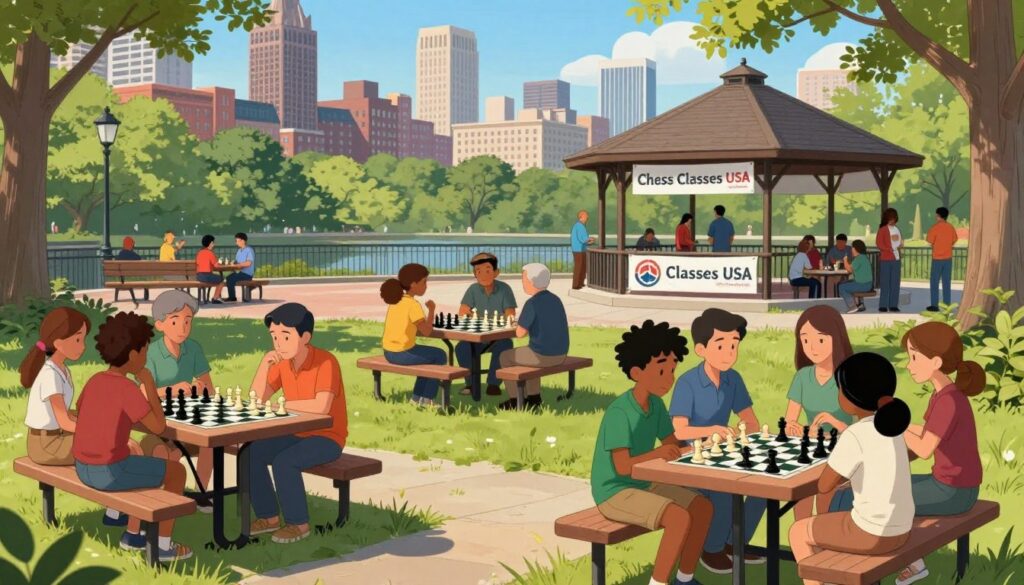 A vibrant chess scene set in New Jersey, featuring a lively park setting with groups of people engaging in chess games on picnic tables and benches. In the foreground, a diverse group of players, including both kids and adults, focused on their matches, dressed in casual, modest clothing. The middle ground reveals a chess club gazebo, adorned with banners from "Chess Classes USA," and nearby, a few spectators discussing strategies. In the background, iconic New Jersey urban architecture blends with trees and green spaces under a clear blue sky, creating an inviting atmosphere conducive to learning and playing chess. Soft, natural lighting casts gentle shadows, highlighting the excitement and camaraderie of the chess community. A vibrant chess scene set in New Jersey, featuring a lively park setting with groups of people engaging in chess games on picnic tables and benches. In the foreground, a diverse group of players, including both kids and adults, focused on their matches, dressed in casual, modest clothing. The middle ground reveals a chess club gazebo, adorned with banners from "Chess Classes USA," and nearby, a few spectators discussing strategies. In the background, iconic New Jersey urban architecture blends with trees and green spaces under a clear blue sky, creating an inviting atmosphere conducive to learning and playing chess. Soft, natural lighting casts gentle shadows, highlighting the excitement and camaraderie of the chess community.