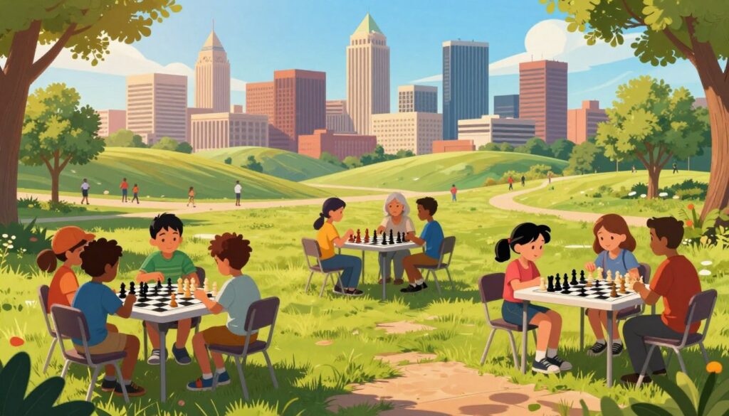 A vibrant chess scene set in Oklahoma, showcasing a sunlit park in the foreground where a diverse group of children and adults are engaged in spirited chess matches. They are positioned around several chess tables, highlighting a mix of strategic thinking and friendly competition. The middle ground features iconic Oklahoma scenery, including low rolling hills and a backdrop of the Oklahoma City skyline and Tulsa’s tall buildings, under a bright blue sky. The lighting is warm and inviting, suggesting an afternoon sun. The atmosphere should feel energetic and inclusive, embodying the spirit of community in chess. Prominently display "Chess Classes USA" on one of the tables without text overlays.