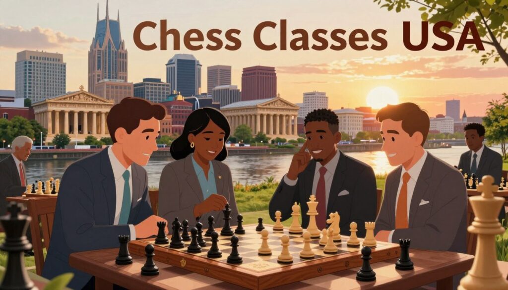 A vibrant chess scene set in Tennessee, capturing the essence of the local chess culture. In the foreground, a diverse group of individuals dressed in professional business attire, engaging in a spirited game of chess on a beautifully crafted wooden board. In the middle ground, iconic Tennessee landmarks like the Parthenon in Nashville or the Mississippi River in Memphis subtly blend into the chess atmosphere, with hints of vibrant greenery typical of Tennessee. The background features a sunset casting warm golden light, creating an inviting and inspiring mood. The entire scene is framed with chess pieces that reflect both elegance and strategy, symbolizing the intellectual nature of the game. Capture the spirit of "Chess Classes USA" within this dynamic landscape, showcasing the rich tapestry of chess in Tennessee.