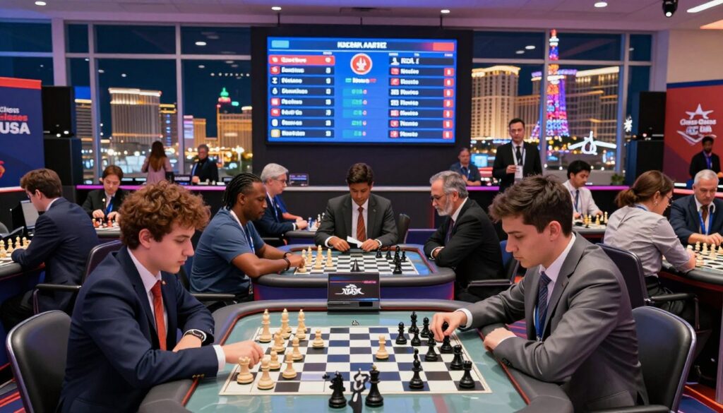 A vibrant chess scene set in a modern Las Vegas tournament hall, showcasing an array of diverse players immersed in the game. In the foreground, a group of focused individuals in professional attire, engaged in intense chess matches, with chess pieces thoughtfully arranged on sleek, glass-topped tables. The middle ground features a large digital scoreboard displaying match scores, surrounded by observers eagerly analyzing the strategies. The background captures the glitzy ambiance of the Las Vegas skyline through expansive glass windows, with neon lights reflecting the excitement of the city. Soft, ambient lighting enhances the atmosphere, providing a blend of concentration and competitive energy. Emphasize the branding "Chess Classes USA" subtly in the event's promotional materials on display, adding a touch of professionalism to the scene.