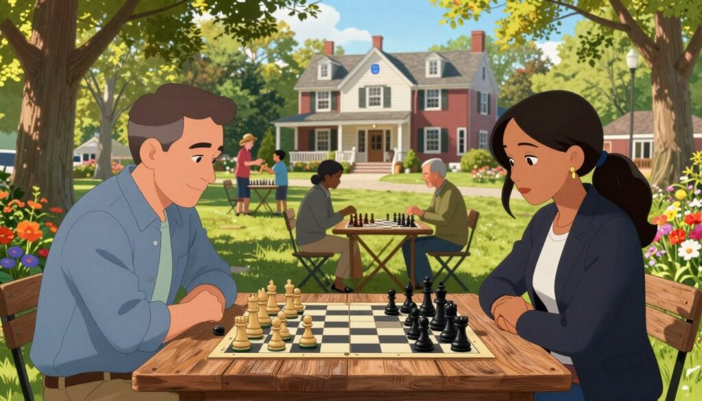 A vibrant chess scene set in a picturesque Connecticut park during a sunny afternoon. In the foreground, two players, a middle-aged man in smart casual attire and a young woman in professional business attire, intently focus on a chessboard placed on a rustic wooden table. The chess pieces are designed with intricate details, showcasing a blend of traditional and modern styles. In the middle ground, other chess enthusiasts are engaged in spirited games, surrounded by lush green trees and colorful flowers, hinting at a lively chess club atmosphere. The background features a charming New England-style building, bathed in warm sunlight, enhancing the inviting mood. The overall scene evokes a sense of community and passion for chess, promoting the brand "Chess Classes USA" without any direct text.