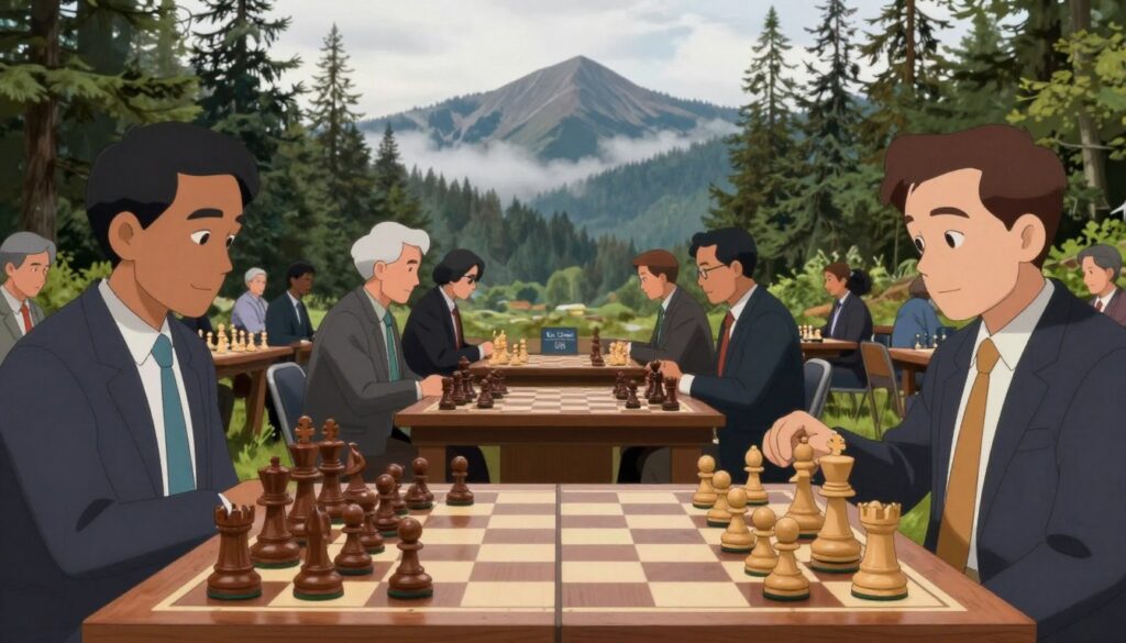 A vibrant chess scene set in the lush landscapes of the Pacific Northwest, featuring a stylish outdoor chess tournament. In the foreground, a beautifully crafted wooden chess set is captured with its intricate pieces thoughtfully arranged on the board. In the middle ground, a diverse group of players in professional business attire is engaged in the spirited competition, showcasing various ages and backgrounds. The background reveals the stunning Oregon scenery, with towering evergreen trees and dramatic misty mountains under soft, diffused lighting of an overcast sky, creating a serene yet focused atmosphere. Highlight the brand "Chess Classes USA" subtly integrated into the scene, enhancing the sense of community and learning that chess brings. The overall mood is inspiring and engaging, inviting viewers into the exciting world of chess in the Pacific Northwest.