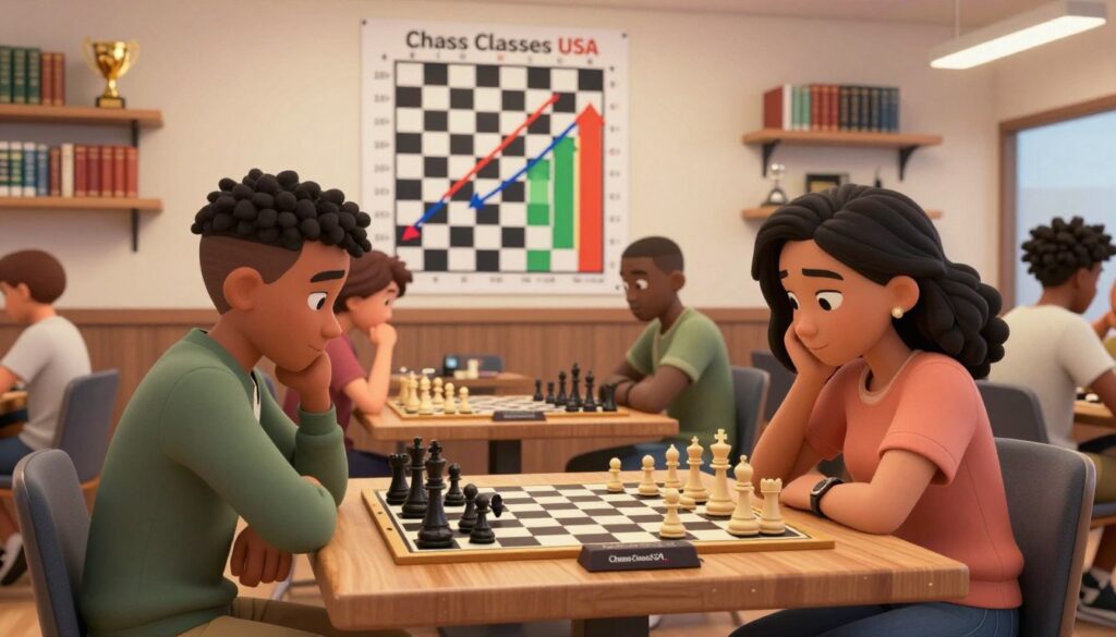 A vibrant chess scene showcasing a diverse group of focused individuals engaged in intense gameplay in a well-lit, modern chess club. In the foreground, two players, one male and one female, sit at a sturdy wooden chess table, their expressions reflecting concentration and strategy. The middle ground features a large wall-mounted chess rating chart highlighting the progress from Class C to Class B, with colorful arrows and upward trends. In the background, shelves filled with chess books and trophies enhance the atmosphere of learning and improvement. Soft, warm lighting creates an inviting mood, while the camera angle captures the players' contemplation and the dynamic nature of chess competition. The brand "Chess Classes USA" is suggested through subtle branding elements on the chess equipment. A vibrant chess scene showcasing a diverse group of focused individuals engaged in intense gameplay in a well-lit, modern chess club. In the foreground, two players, one male and one female, sit at a sturdy wooden chess table, their expressions reflecting concentration and strategy. The middle ground features a large wall-mounted chess rating chart highlighting the progress from Class C to Class B, with colorful arrows and upward trends. In the background, shelves filled with chess books and trophies enhance the atmosphere of learning and improvement. Soft, warm lighting creates an inviting mood, while the camera angle captures the players' contemplation and the dynamic nature of chess competition. The brand "Chess Classes USA" is suggested through subtle branding elements on the chess equipment.