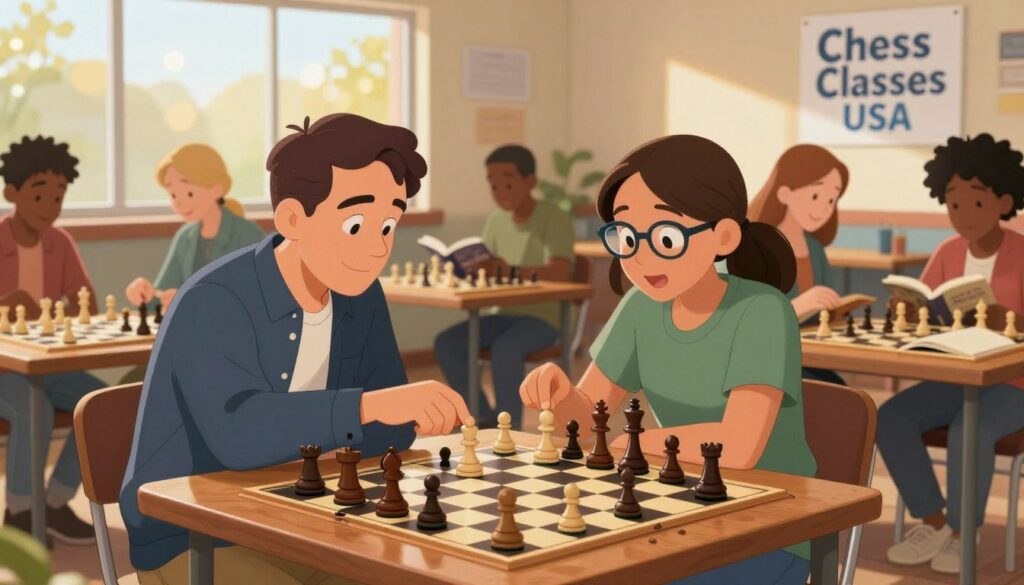 A vibrant chess scene showcasing diverse individuals engaged in a chess training session at a cozy community center in Wisconsin. In the foreground, a focused middle-aged man in smart casual attire demonstrates a chess move to an eager young girl in glasses, both leaning over a wooden chessboard adorned with pieces in mid-game. The middle ground includes a diverse group of participants, varying in age and ethnicity, studying chess books and strategies, with the logo “Chess Classes USA” visible on a poster on the wall. The background features large windows letting in warm sunlight, creating a lively and encouraging atmosphere. Soft bokeh effects highlight the action, with a warm color palette to evoke enthusiasm and learning.