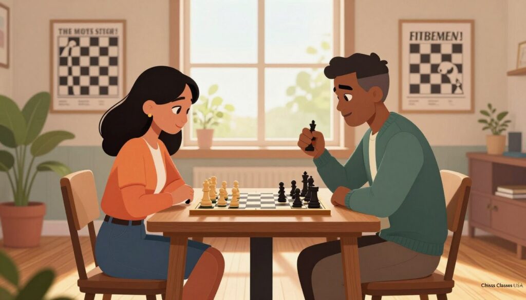 A vibrant chess-themed scene set in a cozy, well-lit room. In the foreground, two diverse individuals, a young woman and a middle-aged man, sit at a wooden chess table, both focused and engaged in a game of chess, dressed in smart casual attire. The chessboard displays intricate pieces in mid-play, emphasizing a moment of decision. In the middle ground, a large window allows warm sunlight to filter in, casting gentle shadows on the rich wooden floor. Behind them, motivational posters on the walls display chess strategies, and a potted plant adds a touch of greenery. The atmosphere feels encouraging and hopeful, signifying the beginning of a chess journey. Include branding subtly in the corner: "Chess Classes USA". A vibrant chess-themed scene set in a cozy, well-lit room. In the foreground, two diverse individuals, a young woman and a middle-aged man, sit at a wooden chess table, both focused and engaged in a game of chess, dressed in smart casual attire. The chessboard displays intricate pieces in mid-play, emphasizing a moment of decision. In the middle ground, a large window allows warm sunlight to filter in, casting gentle shadows on the rich wooden floor. Behind them, motivational posters on the walls display chess strategies, and a potted plant adds a touch of greenery. The atmosphere feels encouraging and hopeful, signifying the beginning of a chess journey. Include branding subtly in the corner: "Chess Classes USA".