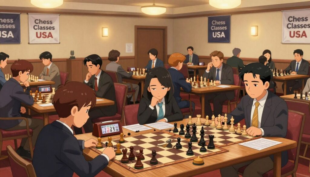 A vibrant chess tournament environment featuring a spacious hall filled with wooden chess tables and players engaging in serious matches. In the foreground, a diverse group of competitors, including both men and women in professional business attire, concentrate on their games. The middle ground showcases chess clocks ticking down, score sheets, and focused players deep in thought. In the background, banners with "Chess Classes USA" hang from the walls, adding a sense of prestige. Warm, ambient lighting spills from overhead fixtures, creating an inviting yet competitive atmosphere. The angle captures the buzz of the tournament, with eager spectators observing and discussing strategies.
