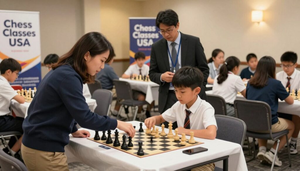 A vibrant chess tournament preparation scene set in a spacious indoor venue. In the foreground, a focused parent, dressed in smart casual attire, is helping their child—an enthusiastic young player in a clean, neat outfit—arrange chess pieces on a table, showcasing a tournament-style chess set. In the middle ground, other participants can be seen discussing strategies, while a coach gives advice to a group of youth players, all dressed appropriately. The background features banners with the logo "Chess Classes USA," illuminated by soft, warm lighting to create an inviting atmosphere. The angle captures the hustle and bustle while emphasizing the collaborative environment of preparation, evoking feelings of excitement and anticipation in the air.