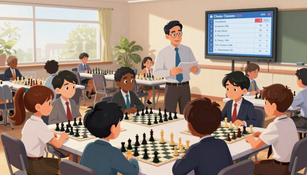 A vibrant chess tournament preparation scene unfolds in a well-lit, spacious room. In the foreground, a diverse group of children, dressed in professional business attire, are animatedly discussing strategy while analyzing chess boards and pieces laid out before them. In the middle, a coach from Chess Classes USA stands nearby, providing guidance and encouragement, while a large scoreboard displays names and rankings. The background features rows of neatly arranged tables set for the tournament, adorned with chess sets ready for play. Soft, natural light filters in through large windows, creating an inviting atmosphere filled with excitement and concentration. The overall mood is one of determination and camaraderie, capturing the essence of preparing for a first tournament experience.
