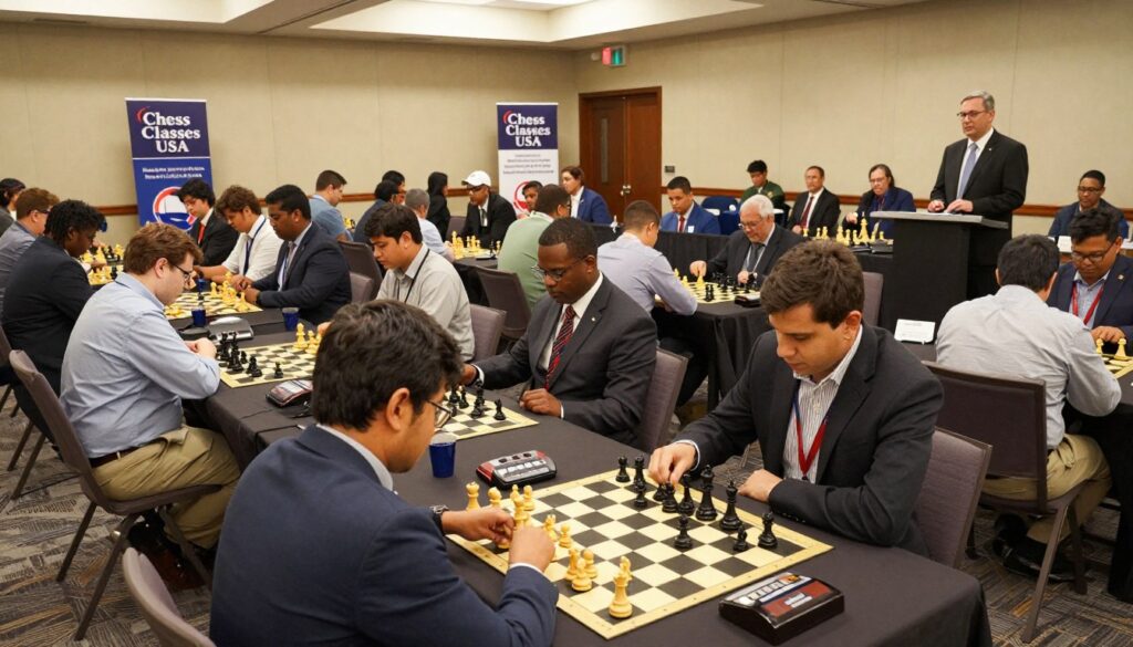 A vibrant chess tournament scene at a US Chess Federation event in Alabama, featuring a diverse group of players and spectators. In the foreground, several chess boards are in action, showcasing intense focuses on strategy, with players dressed in professional business attire and modest casual clothing. The middle ground reveals rows of tables, each adorned with chess pieces and timers, with a mix of enthusiastic onlookers and judges scrutinizing the gameplay. In the background, banners for "Chess Classes USA" are displayed, and the atmosphere is charged with excitement and concentration. Soft, overhead lighting creates a warm, inviting ambiance, while a slightly elevated angle captures the depth of the crowded room, emphasizing the significance of tournament play in Alabama.