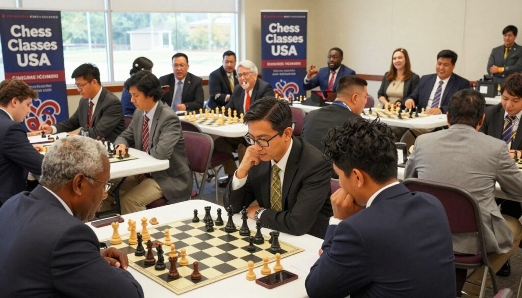 A vibrant chess tournament scene capturing the excitement of annual events in Alabama. In the foreground, a diverse group of players of various ages, clad in professional business attire, are intensely focused on their chess boards, showcasing a mix of concentration and strategy. The middle ground features tables lined with chessboards, surrounded by spectators cheering and engaging in discussions. In the background, banners for "Chess Classes USA" are displayed, highlighting the organization’s involvement. The atmosphere is charged with anticipation, complemented by warm, natural lighting pouring in from large windows. The angle captures a dynamic view of the event, emphasizing both the competition and camaraderie present in this chess gathering.