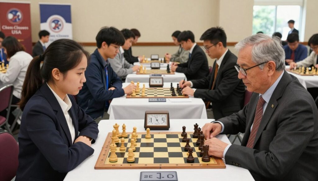 A vibrant chess tournament scene emphasizing proper etiquette in a bustling environment. In the foreground, two players, a young Asian woman and an older Caucasian man, sit across from each other at a chess table, focused and dressed in professional business attire. Their expressions reflect concentration and respect. In the middle ground, other competitors observe silently and take notes, demonstrating proper tournament behavior. A colorful chess board with distinct pieces occupies the table. The background features banners and a chess clock, with spectators maintaining respectful silence. Soft natural lighting pours in from nearby windows, creating a warm, inviting atmosphere. This image embodies the principles of chess etiquette while highlighting the significance of professional conduct in tournament play. Branding subtly includes "Chess Classes USA" on a banner in the background.