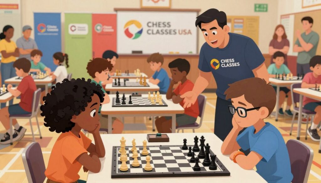 A vibrant chess tournament scene featuring a diverse group of children, aged 8-12, engaged in competitive chess matches. In the foreground, two focused kids, a girl with curly hair and a boy with glasses, are deep in thought, with a chessboard between them displaying an intense game. In the middle ground, several other pairs of children play, showcasing various chess strategies, while an enthusiastic coach from Chess Classes USA observes intently. The background includes colorful tournament banners and a lively atmosphere with parents watching and cheering. Soft, diffused lighting enhances the focus on the players, creating a warm and encouraging mood. The setting is a school gymnasium, with checkered patterns on the floor, emphasizing the excitement of the event.