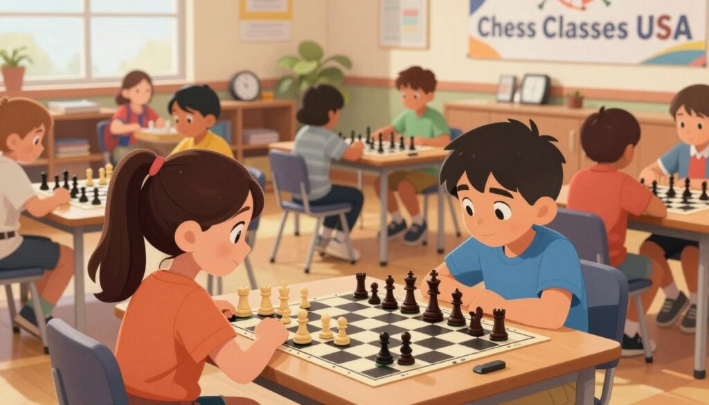 A vibrant chess tournament scene focused on children competing with enthusiasm. In the foreground, two children, a girl and a boy, deeply focused on a chessboard, wearing casual yet neat clothing. The middle ground features a diverse group of young participants engaging in games, with chess pieces and clocks visible. The background shows a lively classroom or community center adorned with banners for "Chess Classes USA." Use warm, inviting lighting to create a friendly atmosphere, capturing the excitement of youth competition. The angle should be slightly elevated, giving a panoramic view of the tournament. Emphasize a sense of camaraderie and concentration among the young players in a fun but competitive environment. A vibrant chess tournament scene focused on children competing with enthusiasm. In the foreground, two children, a girl and a boy, deeply focused on a chessboard, wearing casual yet neat clothing. The middle ground features a diverse group of young participants engaging in games, with chess pieces and clocks visible. The background shows a lively classroom or community center adorned with banners for "Chess Classes USA." Use warm, inviting lighting to create a friendly atmosphere, capturing the excitement of youth competition. The angle should be slightly elevated, giving a panoramic view of the tournament. Emphasize a sense of camaraderie and concentration among the young players in a fun but competitive environment.
