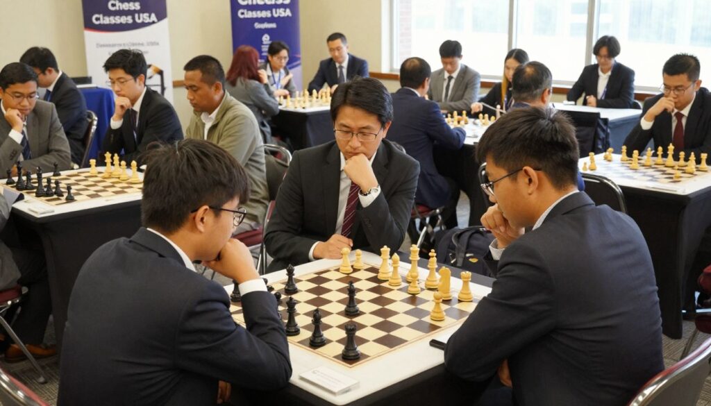 A vibrant chess tournament scene, highlighting the etiquette and social dynamics of an adult chess competition. In the foreground, two players engage in a focused game, both dressed in professional business attire. The middle ground features a diverse audience observing intently, embodying a respectful atmosphere. Some spectators offer subtle nods of encouragement, while others analyze the game thoughtfully, showcasing etiquette. The background reveals a chess tournament setup, with banners displaying "Chess Classes USA" and tables lined with chessboards. Natural lighting streams in from large windows, creating a warm and inviting atmosphere. Capture the mood of concentration and camaraderie among players, emphasizing the serious yet respectful environment of adult tournaments. Aim for a slightly elevated angle to encompass the scene with depth. A vibrant chess tournament scene, highlighting the etiquette and social dynamics of an adult chess competition. In the foreground, two players engage in a focused game, both dressed in professional business attire. The middle ground features a diverse audience observing intently, embodying a respectful atmosphere. Some spectators offer subtle nods of encouragement, while others analyze the game thoughtfully, showcasing etiquette. The background reveals a chess tournament setup, with banners displaying "Chess Classes USA" and tables lined with chessboards. Natural lighting streams in from large windows, creating a warm and inviting atmosphere. Capture the mood of concentration and camaraderie among players, emphasizing the serious yet respectful environment of adult tournaments. Aim for a slightly elevated angle to encompass the scene with depth.