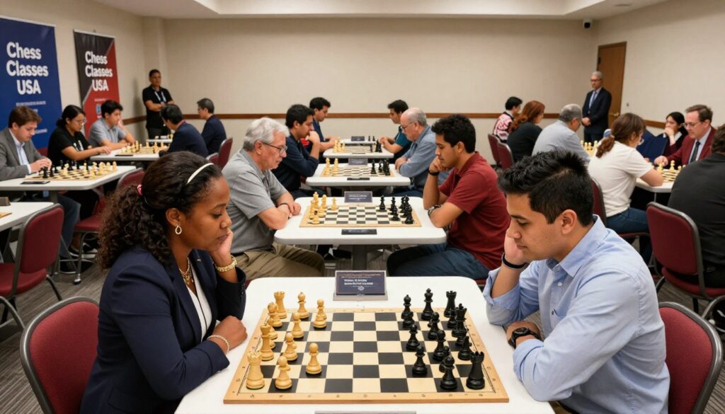 A vibrant chess tournament scene in California, showcasing intense competition among diverse players gathered at a well-lit venue. In the foreground, two focused participants, a Black woman in professional attire and a Hispanic man in a smart casual outfit, contemplate their next moves at a chessboard. The middle layer features multiple chess tables where players of various ages and backgrounds engage in heated matches, surrounded by enthusiastic spectators. In the background, banners representing "Chess Classes USA" elegantly drape along the walls, adding a touch of professionalism. The atmosphere is electric, filled with anticipation and concentration, illuminated by soft overhead lighting that highlights the strategic intensity of the game. The perspective captures a dynamic angle, emphasizing both the players and the richness of the competitive chess scene in California.