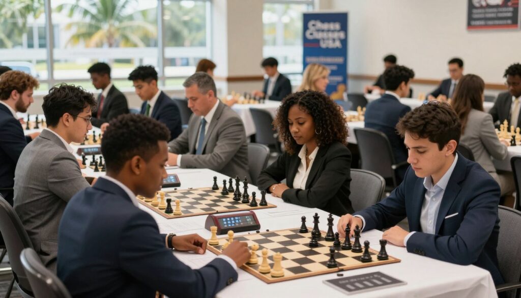 A vibrant chess tournament scene in Florida, showcasing players engaged in intense matches. In the foreground, a diverse group of individuals in professional business attire, including men and women of various ethnicities, focused on their chessboards. The middle layer features a wide view of the tournament hall, tables set with chess sets, timers, and score sheets, with spectators eagerly watching. The background captures bright natural light streaming through large windows, palms visible outside, adding a touch of Florida's sunny atmosphere. Use a slight depth of field to emphasize the players while softly blurring the background. The overall mood is competitive yet friendly, reflecting a spirited chess community. Include a subtle representation of "Chess Classes USA" branding in the environment, like banners or flyers.