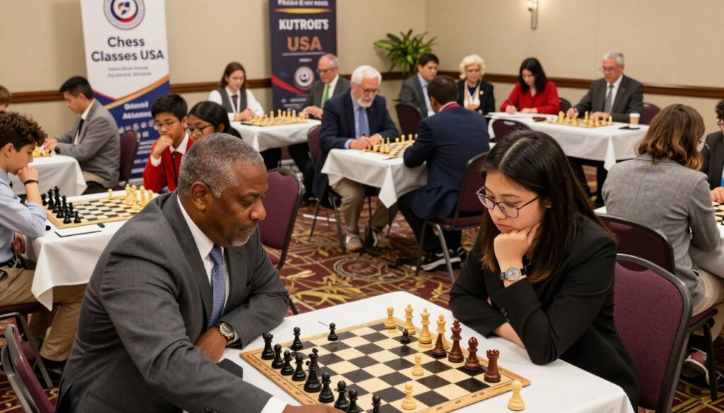 A vibrant chess tournament scene in Maryland featuring diverse participants engaged in intense matches at a large, elegantly decorated hall. In the foreground, two focused players, a middle-aged Black man and a young Asian woman, are deep in thought over their boards, surrounded by classic chess pieces. The middle ground showcases an array of tables filled with players ranging from children to seniors, all wearing professional and smart casual attire. The background reveals banners for “Chess Classes USA,” adding to the competitive atmosphere, while spectators look on, some taking notes. The lighting is warm and inviting, highlighting the concentration on the players’ faces. The composition captures the excitement and camaraderie of the Mid-Atlantic tournament circuit, conveying a sense of community and strategy.