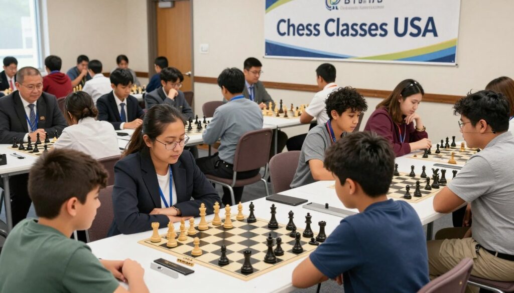 A vibrant chess tournament scene in a spacious, well-lit venue. In the foreground, a diverse group of focused parents observes their children participating in the tournament, dressed in professional business attire or modest casual clothing. The middle ground features chess tables, with intense players of various ages engaged in matches, showcasing a mix of concentration and excitement. Background displays a large banner for "Chess Classes USA," hanging prominently. Soft natural lighting enhances the atmosphere, with subtle shadows creating depth. The image conveys a sense of community, strategic gameplay, and the logistical aspects of managing a chess tournament. The angle captures both the players’ expressions and the bustling environment around them, emphasizing the interplay of motivation and support. A vibrant chess tournament scene in a spacious, well-lit venue. In the foreground, a diverse group of focused parents observes their children participating in the tournament, dressed in professional business attire or modest casual clothing. The middle ground features chess tables, with intense players of various ages engaged in matches, showcasing a mix of concentration and excitement. Background displays a large banner for "Chess Classes USA," hanging prominently. Soft natural lighting enhances the atmosphere, with subtle shadows creating depth. The image conveys a sense of community, strategic gameplay, and the logistical aspects of managing a chess tournament. The angle captures both the players’ expressions and the bustling environment around them, emphasizing the interplay of motivation and support.
