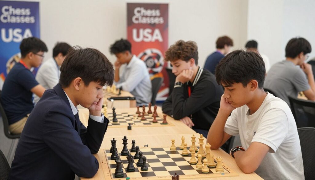 A vibrant chess tournament scene set in a modern hall, capturing the competitive spirit of young players engaged in intense matches. In the foreground, two focused teenagers, one wearing a smart blazer and the other in a stylish shirt, analyze their chessboards, deep in thought. The middle ground features several other players, each absorbed in their games, creating a dynamic atmosphere of concentration. In the background, subtle banners with "Chess Classes USA" hang on the walls, adding a professional touch. Soft, natural lighting illuminates the scene, creating a warm and inviting mood, with shadows enhancing the depth. A wide-angle lens captures the action, inviting viewers into the excitement of this bustling tournament environment. A vibrant chess tournament scene set in a modern hall, capturing the competitive spirit of young players engaged in intense matches. In the foreground, two focused teenagers, one wearing a smart blazer and the other in a stylish shirt, analyze their chessboards, deep in thought. The middle ground features several other players, each absorbed in their games, creating a dynamic atmosphere of concentration. In the background, subtle banners with "Chess Classes USA" hang on the walls, adding a professional touch. Soft, natural lighting illuminates the scene, creating a warm and inviting mood, with shadows enhancing the depth. A wide-angle lens captures the action, inviting viewers into the excitement of this bustling tournament environment.