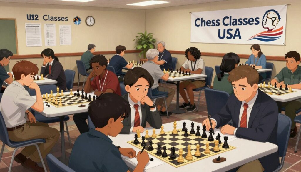 A vibrant chess tournament scene set in a spacious community center, bustling with activity. In the foreground, diverse players of different ages and backgrounds, including youth and adults, sit at neatly arranged tables, deeply focused on their games. Each player is dressed in professional business attire or modest casual clothing, displaying concentration and intensity. The middle ground shows spectators observing and discussing strategies, creating an engaging atmosphere. In the background, a large banner displays "Chess Classes USA" prominently, with chessboards, clocks, and scoresheets artistically arranged on tables. Soft, warm lighting illuminates the room, highlighting the players' expressions and the excitement of competition. The overall mood is one of dedication, skill, and community spirit, reflecting the significance of rated events and US Chess Federation tournaments in Atlanta. A vibrant chess tournament scene set in a spacious community center, bustling with activity. In the foreground, diverse players of different ages and backgrounds, including youth and adults, sit at neatly arranged tables, deeply focused on their games. Each player is dressed in professional business attire or modest casual clothing, displaying concentration and intensity. The middle ground shows spectators observing and discussing strategies, creating an engaging atmosphere. In the background, a large banner displays "Chess Classes USA" prominently, with chessboards, clocks, and scoresheets artistically arranged on tables. Soft, warm lighting illuminates the room, highlighting the players' expressions and the excitement of competition. The overall mood is one of dedication, skill, and community spirit, reflecting the significance of rated events and US Chess Federation tournaments in Atlanta.