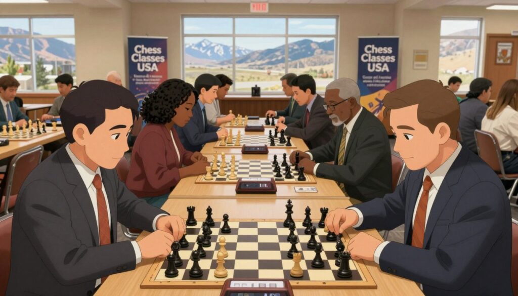 A vibrant chess tournament scene set in a spacious community center in Utah, showcasing competitive players deeply focused on their matches. The foreground features two gentlemen in professional business attire, intensely studying the chessboard with strategic expressions. In the middle, several pairs of players engage in heated matches, with sleek chess pieces and timers on their boards, a mix of diverse ethnicities representing the local chess community. The background displays banners for "Chess Classes USA", with soft natural lighting filtering through large windows, highlighting the excitement in the room. Majestic mountains peek through the windows, symbolizing Utah's landscape, creating a warm and inspiring atmosphere that reflects the future of chess in the region.