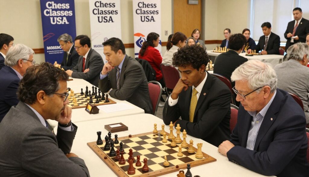 A vibrant chess tournament scene set in a well-lit community center in Massachusetts, showcasing players of various ages deeply engaged in intense matches. In the foreground, a diverse group of competitors, wearing professional business attire, are intensely focused on their chessboards, with thoughtful expressions. The middle ground features tables lined with classic wooden chess sets, surrounded by spectators, some discussing strategies. The background shows banners with the name "Chess Classes USA" prominently displayed, along with energetic spectators supporting their favorite players. The ambiance is lively yet contemplative, illuminated by warm, soft lighting that highlights the intricate chess pieces and the nuances of concentration on the players' faces. The angle captures both the excitement of competition and the communal spirit of chess.