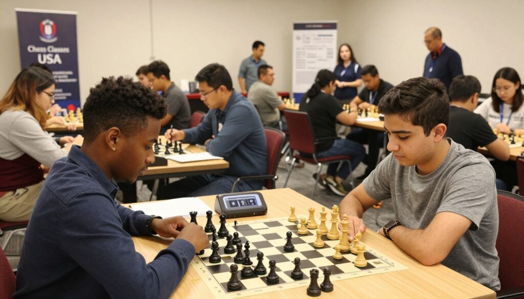 A vibrant chess tournament scene set in a well-lit community center, showcasing an unrated chess tournament. In the foreground, two diverse players, one Black and one Hispanic, deeply focused on their chess boards, wearing smart casual attire. The middle ground features several tables with players engaged in intense matches, some observing closely, while others take notes. Various chess pieces are vividly detailed, some in mid-game, with timers ticking beside them. The background shows spectators and tournament organizers, creating a lively atmosphere filled with concentration and excitement. Soft overhead lighting casts a warm glow over the scene, highlighting the determination on the players' faces. The branding "Chess Classes USA" subtly appears on a banner in the background, contributing to the professional yet friendly vibe.