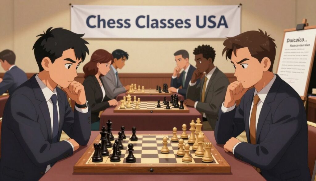 A vibrant chess tournament scene showcasing the rules and chess notation. In the foreground, a wooden chessboard with pieces arranged for a match, displaying thoughtful positioning reflective of a strategic game. The middle ground features a group of diverse players—two men and a woman in professional business attire—deeply engaged in a match, their expressions focused and intense. In the background, a large banner reading "Chess Classes USA" hangs above, highlighting the tournament's identity. Soft, warm lighting illuminates the scene, casting subtle shadows that enhance the atmosphere of concentration and competition. The camera angle captures both the chessboard and the players, inviting the viewer into this dynamic event while emphasizing the detailed rules and notations elegantly displayed on a nearby easel.