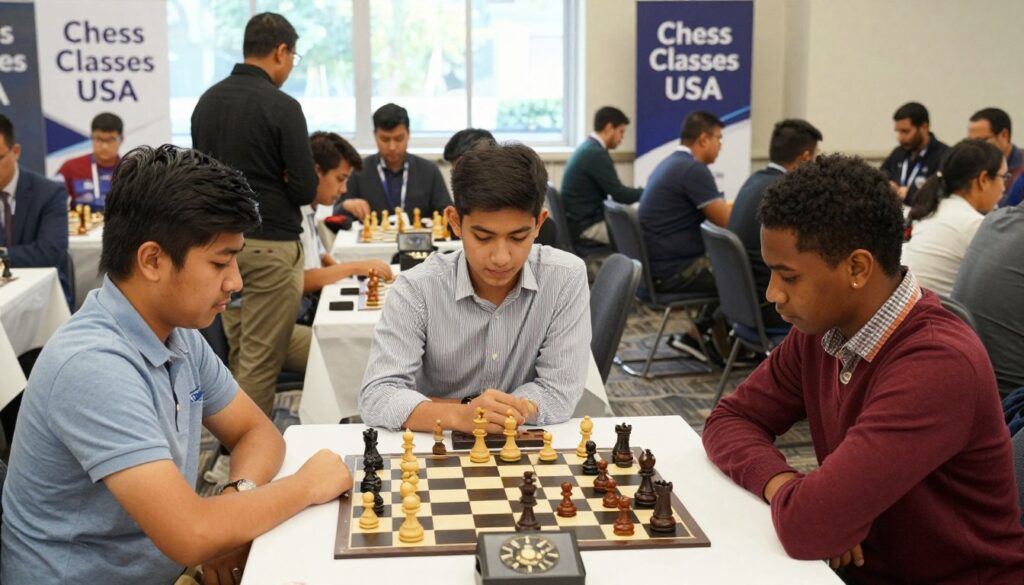 A vibrant chess tournament scene showcasing various players in comfortable, professional attire suitable for an all-day event. In the foreground, highlight three diverse chess players seated at a tournament table, each dressed in smart casual outfits like fitted polo shirts, breathable blouses, and stylish sweaters. The middle layer depicts a bustling tournament hall, with chessboards, clocks, and spectators engaged in the game. In the background, large banners displaying “Chess Classes USA” hang, adding an official touch. Natural lighting streams in through large windows, creating a warm ambiance. Capture the focused expressions of the players, conveying a serious yet friendly atmosphere, as they strategize over their chess pieces.