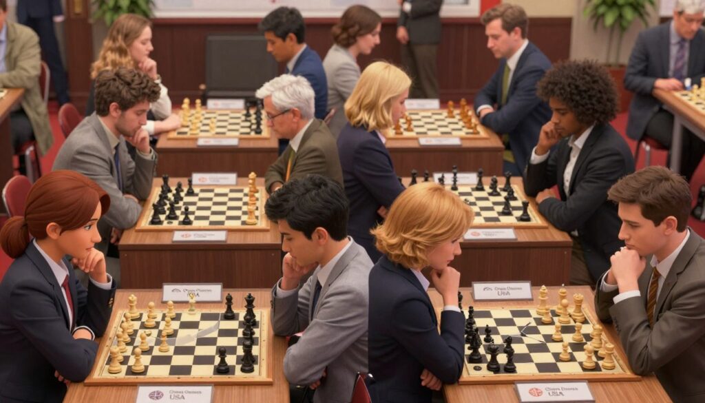A vibrant chess tournament scene showcasing various tournament formats. In the foreground, a diverse group of players—men and women of varying ages and backgrounds—are thoughtfully engaged in chess matches, dressed in professional business attire. In the middle ground, several chess boards display different formats: a Swiss-system setup, a round-robin arrangement, and a knockout bracket, each clearly defined. The background features spectators observing the games intently, creating an atmosphere of excitement and concentration. Soft, focused lighting highlights the players and the chess boards, while a shallow depth of field draws attention to the strategic moves being made. The brand "Chess Classes USA" is subtly implied through the design of the chess boards, integrating the theme seamlessly into the scene. The overall mood is competitive yet respectful, illustrating the serious nature of chess tournaments.