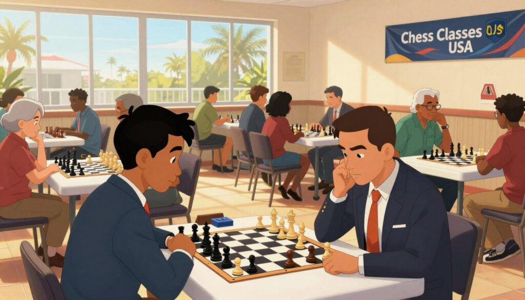 A vibrant chess tournament scene taking place in a spacious, well-lit Florida venue, showcasing players of diverse backgrounds. In the foreground, two focused competitors in professional attire are deeply engaged in a match, their faces reflecting concentration and strategy. The middle ground features several tables lined with chessboards, players of various ages competing against each other, demonstrating a mix of intensity and camaraderie. The background reveals large windows letting in warm, natural sunlight, highlighting a bright and inviting atmosphere. Decorations include banners of "Chess Classes USA," adding contextual details to the environment. The image captures the lively spirit of chess tournaments in Florida, with warm, inviting colors and an overall sense of community and competition.