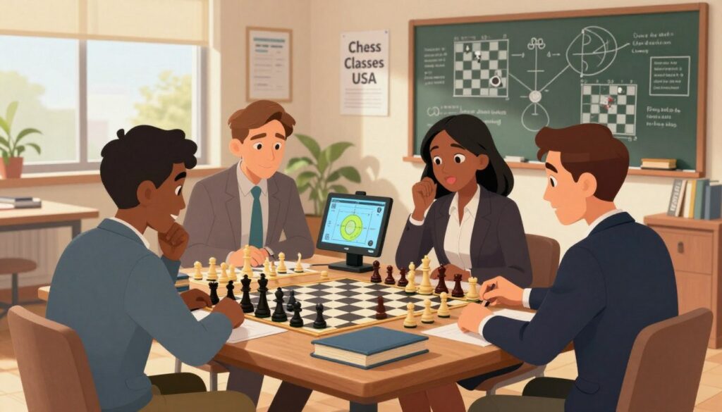 A vibrant chess workshop scene set in a modern and inviting room. In the foreground, a diverse group of four individuals—two men and two women—in professional business attire are deeply engaged in a game of chess, with expressions of concentration and enthusiasm. The middle ground features a large wooden table adorned with chess sets, books about strategies, and a digital interactive board displaying tactical moves. In the background, a chalkboard filled with chess diagrams and notes, along with posters promoting "Chess Classes USA." Warm, natural lighting filters through large windows, creating a lively and encouraging atmosphere, suggesting a collaborative learning environment. The image conveys a sense of improvement, growth, and community in chess. A vibrant chess workshop scene set in a modern and inviting room. In the foreground, a diverse group of four individuals—two men and two women—in professional business attire are deeply engaged in a game of chess, with expressions of concentration and enthusiasm. The middle ground features a large wooden table adorned with chess sets, books about strategies, and a digital interactive board displaying tactical moves. In the background, a chalkboard filled with chess diagrams and notes, along with posters promoting "Chess Classes USA." Warm, natural lighting filters through large windows, creating a lively and encouraging atmosphere, suggesting a collaborative learning environment. The image conveys a sense of improvement, growth, and community in chess.
