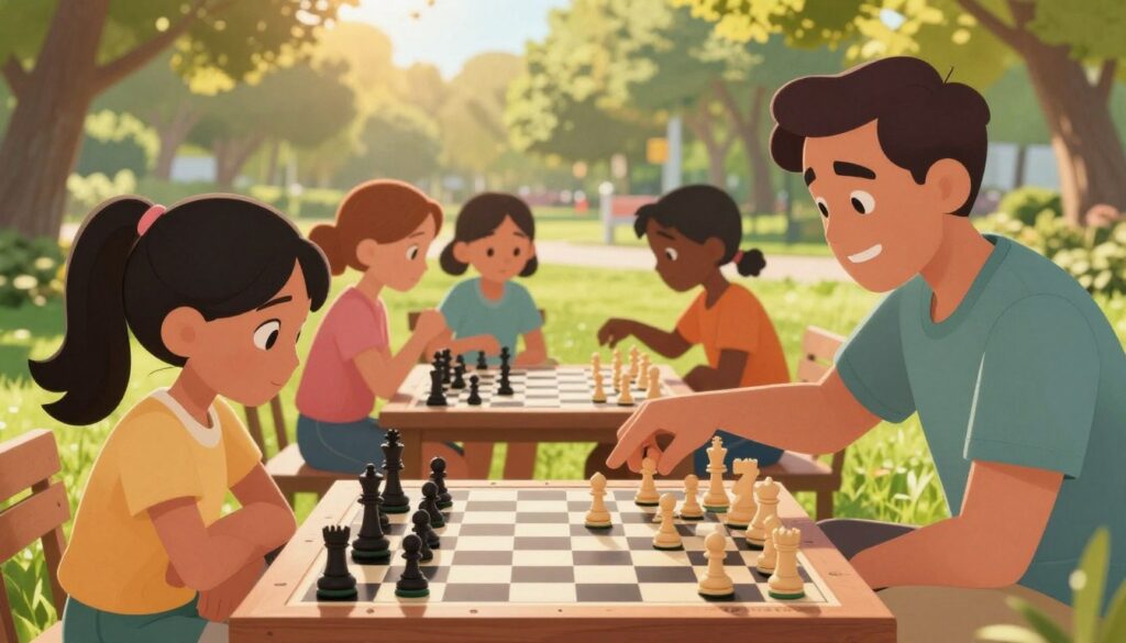 A vibrant chessboard set in a sunny park, depicting a diverse group of young girls and their supportive parents engaged in a lively chess game. In the foreground, a girl is carefully studying the board, her expression focused and determined, while a parent is encouraging her, pointing to potential moves. The middle ground features other girls in action, with chess pieces in various states of play, highlighting different strategies and moves. The background shows trees and sunlight filtering through, creating an uplifting and motivational atmosphere. Soft, warm lighting enhances the scene, emphasizing growth and collaboration. A subtle but visible logo of "Chess Classes USA" is integrated into the chessboard design, symbolizing support and development in chess. A vibrant chessboard set in a sunny park, depicting a diverse group of young girls and their supportive parents engaged in a lively chess game. In the foreground, a girl is carefully studying the board, her expression focused and determined, while a parent is encouraging her, pointing to potential moves. The middle ground features other girls in action, with chess pieces in various states of play, highlighting different strategies and moves. The background shows trees and sunlight filtering through, creating an uplifting and motivational atmosphere. Soft, warm lighting enhances the scene, emphasizing growth and collaboration. A subtle but visible logo of "Chess Classes USA" is integrated into the chessboard design, symbolizing support and development in chess.