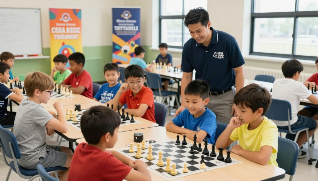 A vibrant children's chess tournament taking place in a spacious, brightly-lit community center. In the foreground, a diverse group of children, aged 8 to 12, focused on their chess boards, displaying concentration and enthusiasm. All are dressed in modest casual clothing, with smiles and expressions of determination. In the middle ground, a friendly adult chess coach, wearing a Chess Classes USA branded polo shirt, is observing and offering encouragement. The background features banners promoting the tournament with colorful designs, along with tables neatly arranged with chess sets. Soft, natural lighting floods the scene, creating an inviting and energetic atmosphere. The angle is slightly elevated to capture the players and the excitement of the event, emphasizing the importance of a supportive and engaging tournament environment for young aspiring chess players.