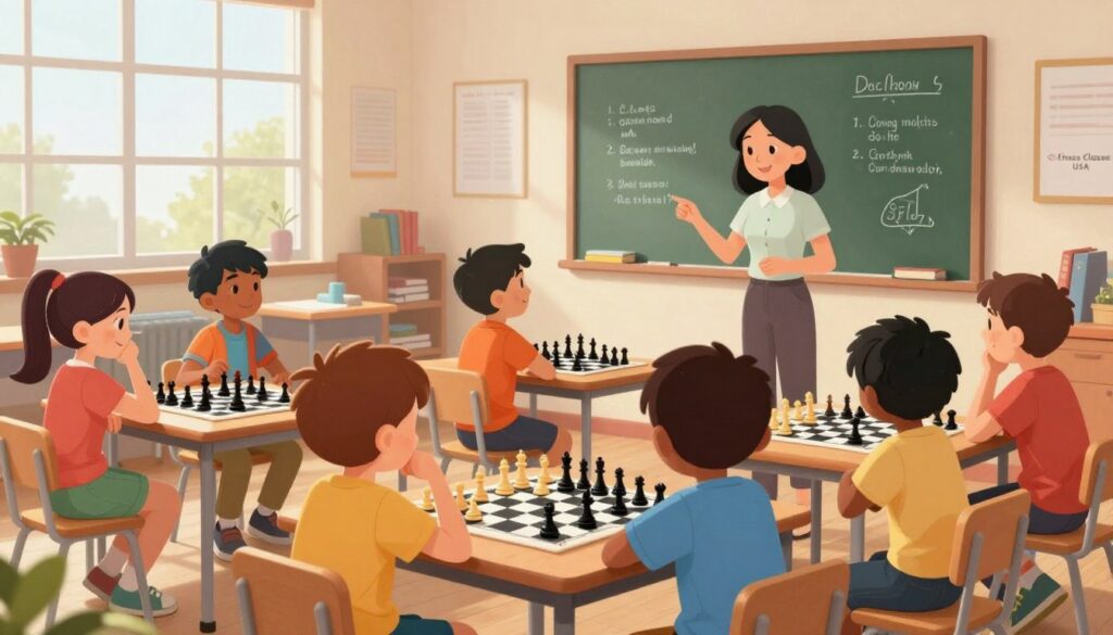 A vibrant classroom scene depicting kids engaged in chess classes, led by a friendly instructor. In the foreground, a diverse group of children, aged 6 to 10, is gathered around chess boards, engrossed in a game. Each child is wearing colorful, modest casual clothing, showing expressions of concentration and enthusiasm. The middle ground features a large chalkboard with chess strategies illustrated, alongside chess pieces and books scattered on a table. In the background, soft natural light filters through large windows, creating a warm and inviting atmosphere. The setting reflects a professional learning environment, showcasing "Chess Classes USA" in a subtle corner of the room. The mood is encouraging and playful, emphasizing collaboration and learning.