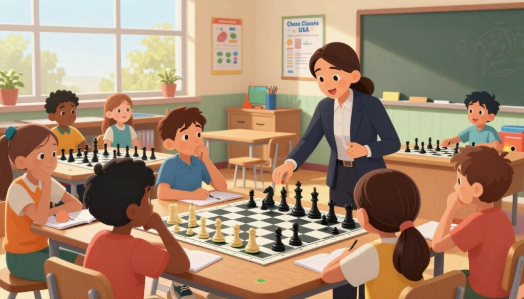 A vibrant classroom scene showcasing a diverse group of children engaged in a chess lesson, led by an enthusiastic instructor in professional attire. In the foreground, the instructor demonstrates a strategic move on a large chessboard, surrounded by captivated kids aged 8-12, some taking notes while others ponder their next move. The middle ground features colorful chess materials and educational posters on the walls, emphasizing a fun learning atmosphere. In the background, bright sunlight filters through large windows, creating a warm, inviting glow that enhances the mood of creativity and excitement. The image captures a sense of community and inclusivity, promoting the idea that chess is accessible for all. The branding "Chess Classes USA" is subtly integrated into a classroom poster on the back wall.