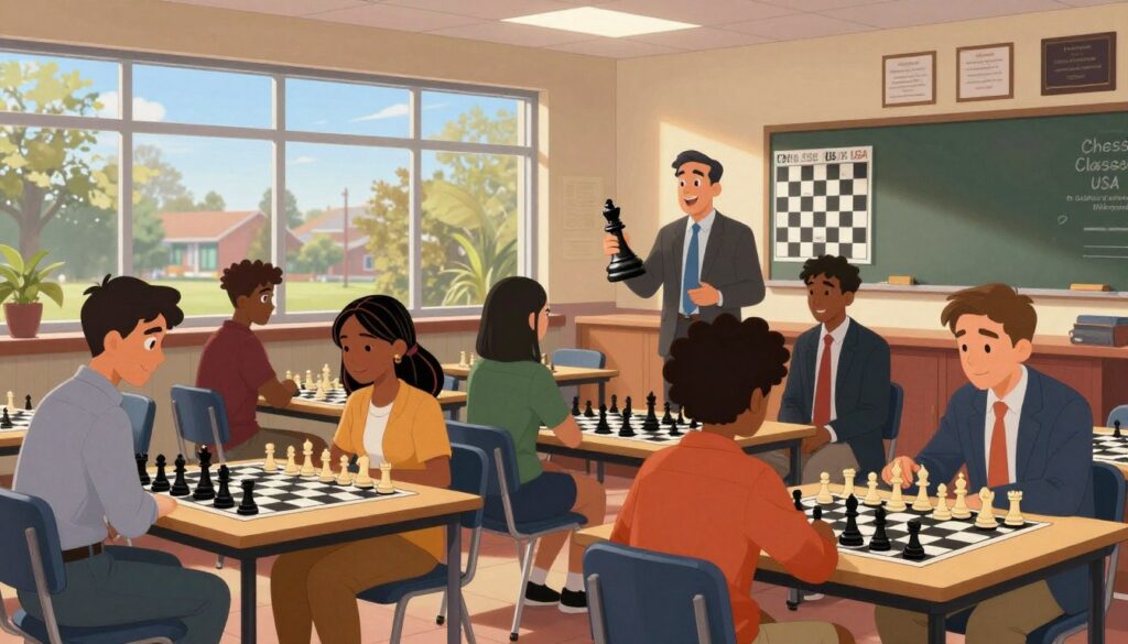 A vibrant collegiate chess classroom in North Carolina, featuring students engaged in a chess lesson. In the foreground, a diverse group of students, including young men and women of varied ethnicities, are seated at individual chess boards with focused expressions, dressed in smart casual clothing. The middle ground showcases a professor enthusiastically explaining a chess strategy, holding a giant chess piece. In the background, large windows let in warm, natural light, revealing trees and a blue sky, creating a welcoming atmosphere. The walls are adorned with chess-themed posters and accolades. The scene conveys a sense of collaboration and learning. Include the brand name "Chess Classes USA" subtly integrated on a chalkboard.