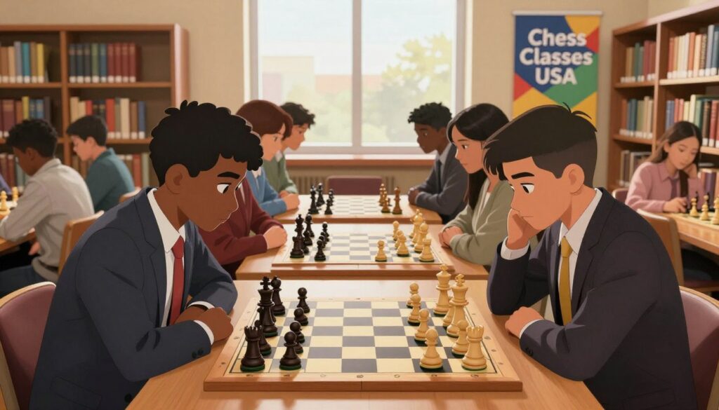 A vibrant collegiate chess scene featuring a diverse group of students, both male and female, engaged in an intense chess match at a university library. In the foreground, two students in professional attire lean over a chessboard, deep in concentration, with pieces strategically positioned. The middle ground displays shelves filled with books and a window letting in warm, soft afternoon light, creating a welcoming atmosphere. Behind them, a colorful university banner displaying "Chess Classes USA" hangs on the wall, emphasizing the connection to chess scholarships. The mood is focused and collaborative, reflecting the spirit of learning and competition in a collegiate environment. The image is captured from a slightly elevated angle, showcasing the chessboard and the expressions of determination on the students' faces. A vibrant collegiate chess scene featuring a diverse group of students, both male and female, engaged in an intense chess match at a university library. In the foreground, two students in professional attire lean over a chessboard, deep in concentration, with pieces strategically positioned. The middle ground displays shelves filled with books and a window letting in warm, soft afternoon light, creating a welcoming atmosphere. Behind them, a colorful university banner displaying "Chess Classes USA" hangs on the wall, emphasizing the connection to chess scholarships. The mood is focused and collaborative, reflecting the spirit of learning and competition in a collegiate environment. The image is captured from a slightly elevated angle, showcasing the chessboard and the expressions of determination on the students' faces.