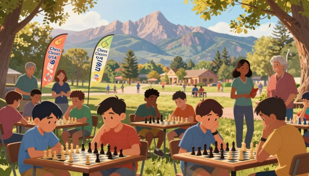 A vibrant community chess event set in a Colorado Springs park, capturing the essence of youth chess programs. In the foreground, a diverse group of children and teenagers, engaged in lively chess matches, are immersed in thought as they strategize their moves on beautifully crafted wooden boards. The middle ground features colorful banners displaying "Chess Classes USA" fluttering gently in the breeze, while parents and mentors watch with encouraging smiles. In the background, the stunning Rocky Mountains rise majestically, bathed in warm, golden sunlight that filters through the leaves of the surrounding trees, enhancing the cheerful atmosphere. The scene should convey a sense of community and learning, with a focus on enjoyment and collaboration, shot with a soft focus lens to create a warm, inviting feel.