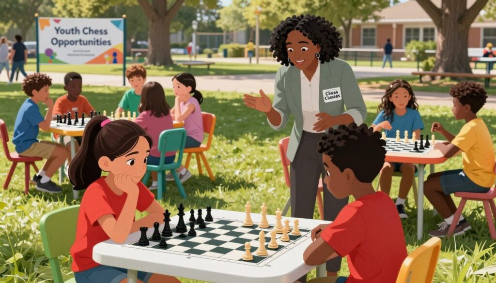 A vibrant community chess event showcasing youth chess programs, featuring diverse children of various ethnicities actively engaged in chess matches at a local park. In the foreground, a focused young girl in a bright red shirt is contemplating her next move on a chessboard, while a boy next to her carefully studies the board. In the middle ground, a small group of children enthusiastically discussing strategies with a friendly, well-dressed adult instructor wearing a Chess Classes USA badge. The background includes colorful chess tables and cheerful banners displaying "Youth Chess Opportunities". Natural sunlight filters through the trees, casting playful shadows, creating a joyful and inclusive atmosphere that encapsulates the excitement of young minds discovering chess.
