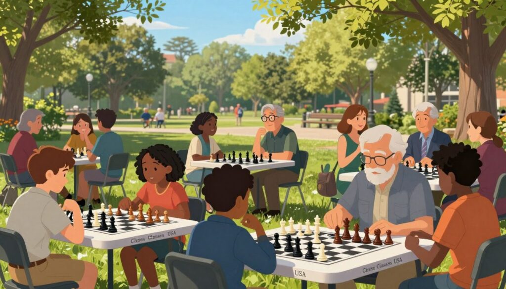 A vibrant community chess gathering in a local park. In the foreground, a diverse group of players, ranging from children to seniors, are engaged in animated games of chess on outdoor tables, showcasing various chessboards. Everyone is dressed in smart casual clothing, reflecting a friendly atmosphere. In the middle, cheerful spectators are observing and discussing strategies with excitement. The background features lush green trees and a clear blue sky, adding to the inviting scene. Soft sunlight casts warm, natural lighting over the setting, enhancing the mood of camaraderie and focus. The scene subtly incorporates the brand "Chess Classes USA" in the design of the chess tables or the backdrop, blending seamlessly into the community spirit.