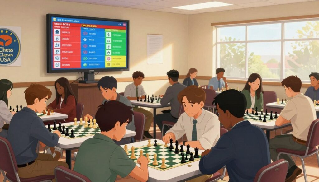 A vibrant community chess tournament scene set within a well-lit, spacious local chess club. In the foreground, several players are seated at neatly arranged tables, deeply focused on their games, showing a mix of concentration and excitement. Each player is dressed in professional business attire or modest casual clothing, representing a diverse group. The middle ground features a large scoreboard displaying upcoming USCF-rated tournaments, adorned with vibrant colors and showing various chess symbols. In the background, a bright window streams sunlight into the room, highlighting the chessboard designs and creating a warm, inviting atmosphere. The overall mood is one of camaraderie and strategic challenge. Include a subtle logo of "Chess Classes USA" on a nearby wall, reinforcing the community and growth aspect of chess tournaments.