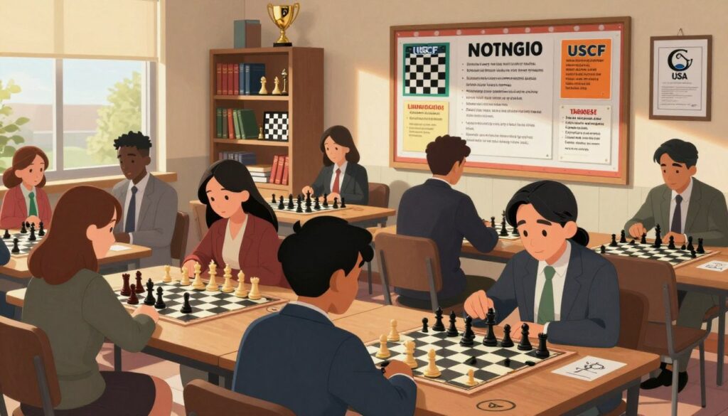 A vibrant community scene depicting a local chess club meeting. In the foreground, diverse players, both men and women, are focused on their chess boards, wearing professional business attire in a cozy, welcoming environment. The middle ground features a bulletin board showcasing information about USCF membership and upcoming local tournaments, with colorful flyers and chess artwork. In the background, a well-lit room with shelves filled with chess books, trophies, and chess sets adds depth. Natural light pours in through large windows, casting warm shadows and creating an inviting atmosphere. The overall mood is energetic and collaborative, reflecting the excitement of finding and participating in local USCF tournaments. The logo "Chess Classes USA" subtly incorporated into a flyer on the bulletin board.