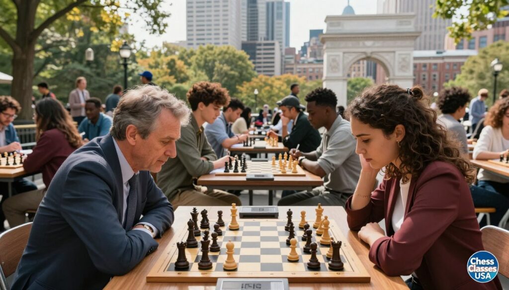 A vibrant competitive chess scene capturing a diverse group of players in a bustling New York chess tournament. In the foreground, two intense competitors, a middle-aged man and a young woman, are deeply focused on their chessboards, dressed in smart casual clothing, leaning over their pieces in concentration. The middle ground features spectators admiring the game, some taking notes on strategy while others discuss moves animatedly. In the background, the iconic New York skyline hints at the energy of the city, with Washington Square Park subtly visible. The lighting is natural, streaming in from nearby park trees, creating a warm and inviting atmosphere. The mood is tense yet thrilling, emphasizing the transition from casual play to serious competition. Include a discreet logo for "Chess Classes USA" in the corner, blending seamlessly with the scene.