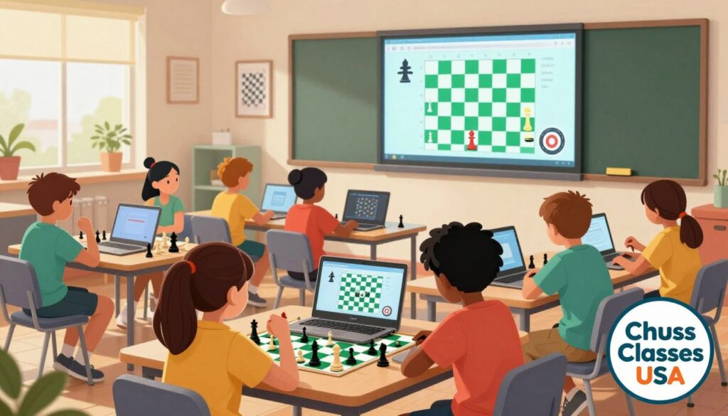 A vibrant digital chess classroom filled with children engaged in interactive chess learning. In the foreground, a diverse group of kids, aged 8-12, are focused on their laptops, wearing colorful casual clothing and deep in concentration as they play and learn chess strategies. The middle ground features a large digital screen displaying chess moves and tutorials, alongside chess pieces arranged creatively on various virtual boards. In the background, a cozy and modern learning environment with bright lighting, soft hues, and chess-themed decorations. The atmosphere feels lively yet educational, capturing the excitement of online chess platforms. Prominently include a logo for "Chess Classes USA" in the corner, enhancing the connection to the digital chess experience. A vibrant digital chess classroom filled with children engaged in interactive chess learning. In the foreground, a diverse group of kids, aged 8-12, are focused on their laptops, wearing colorful casual clothing and deep in concentration as they play and learn chess strategies. The middle ground features a large digital screen displaying chess moves and tutorials, alongside chess pieces arranged creatively on various virtual boards. In the background, a cozy and modern learning environment with bright lighting, soft hues, and chess-themed decorations. The atmosphere feels lively yet educational, capturing the excitement of online chess platforms. Prominently include a logo for "Chess Classes USA" in the corner, enhancing the connection to the digital chess experience.