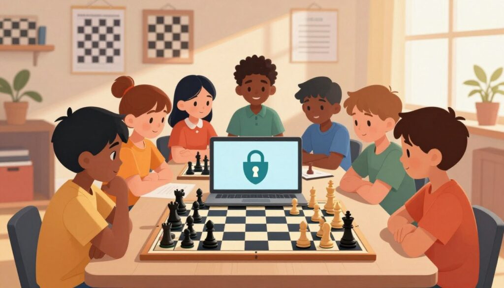 A vibrant digital illustration depicting the concept of digital citizenship for children through the lens of online chess. In the foreground, a diverse group of children, aged 8-12, are gathered around a laptop, engaged in a friendly chess match. They are dressed in colorful, modest casual clothing, showcasing a mix of ethnicities to promote inclusivity. The middle ground features elements symbolizing digital safety, like icons of locks and shields, subtly integrated into the chessboard design. In the background, a cozy, well-lit room filled with chess posters and educational materials creates a welcoming atmosphere. Soft, natural lighting filters through a window, casting warm hues that evoke a sense of creativity and learning. The overall mood inspires collaboration and responsible online behavior. The logo "Chess Classes USA" is subtly integrated into the scene, enhancing the educational theme without being overpowering. A vibrant digital illustration depicting the concept of digital citizenship for children through the lens of online chess. In the foreground, a diverse group of children, aged 8-12, are gathered around a laptop, engaged in a friendly chess match. They are dressed in colorful, modest casual clothing, showcasing a mix of ethnicities to promote inclusivity. The middle ground features elements symbolizing digital safety, like icons of locks and shields, subtly integrated into the chessboard design. In the background, a cozy, well-lit room filled with chess posters and educational materials creates a welcoming atmosphere. Soft, natural lighting filters through a window, casting warm hues that evoke a sense of creativity and learning. The overall mood inspires collaboration and responsible online behavior. The logo "Chess Classes USA" is subtly integrated into the scene, enhancing the educational theme without being overpowering.