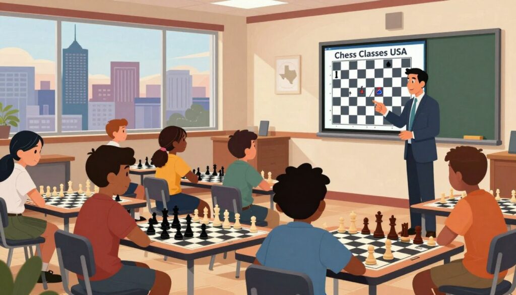 A vibrant, dynamic chess scene showcasing a modern chess class in Texas. In the foreground, a diverse group of enthusiastic students, including children and adults of various ethnicities, focused on their chessboards, representing teamwork and strategic thinking. They are dressed in professional business attire and modest casual clothing. The middle ground features an expert chess coach from "Chess Classes USA," gesturing towards a large chessboard on a smart digital display showcasing strategies. The background presents the Texas skyline peeking through large windows, symbolizing growth and opportunity. Soft, warm lighting fills the room, conveying a sense of inspiration and community. The atmosphere is energetic and hopeful, emphasizing the future of chess development in Texas.
